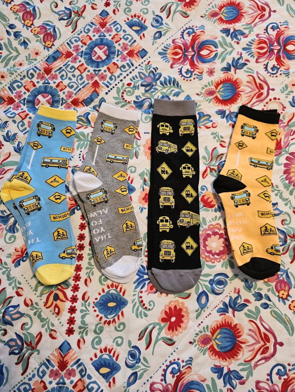 Lot of 4 School Bus Novelty Crew Socks Yellow Blue Grey Black Teacher Appreciati
